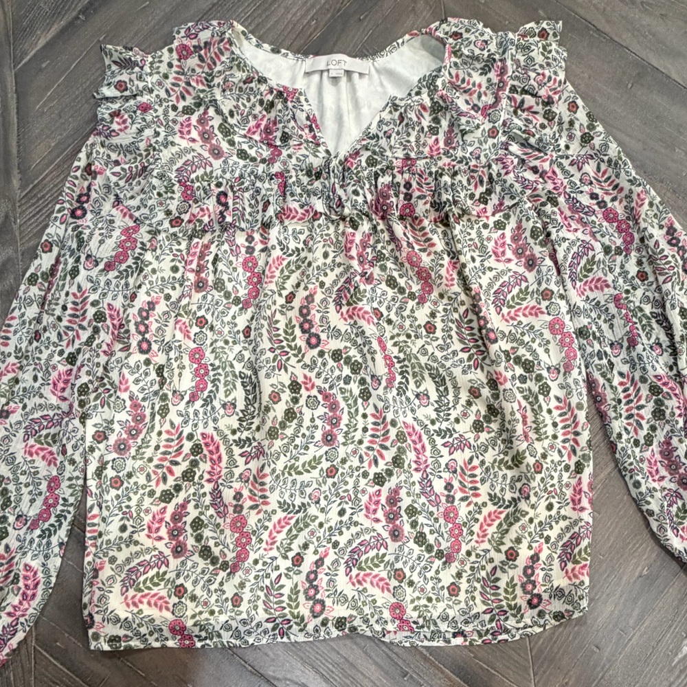 LOFT Multicolor Floral Blouse Large Polyester